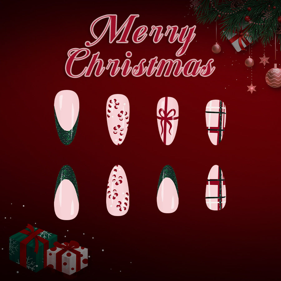 24pcs/Set Glitter Candy Cane French Tips with Plaid Press On Nails