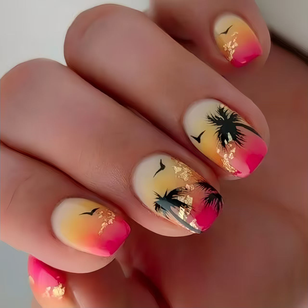 24pcs/Set Beach Sunset with Palm Trees & Seagulls Press-On Nails