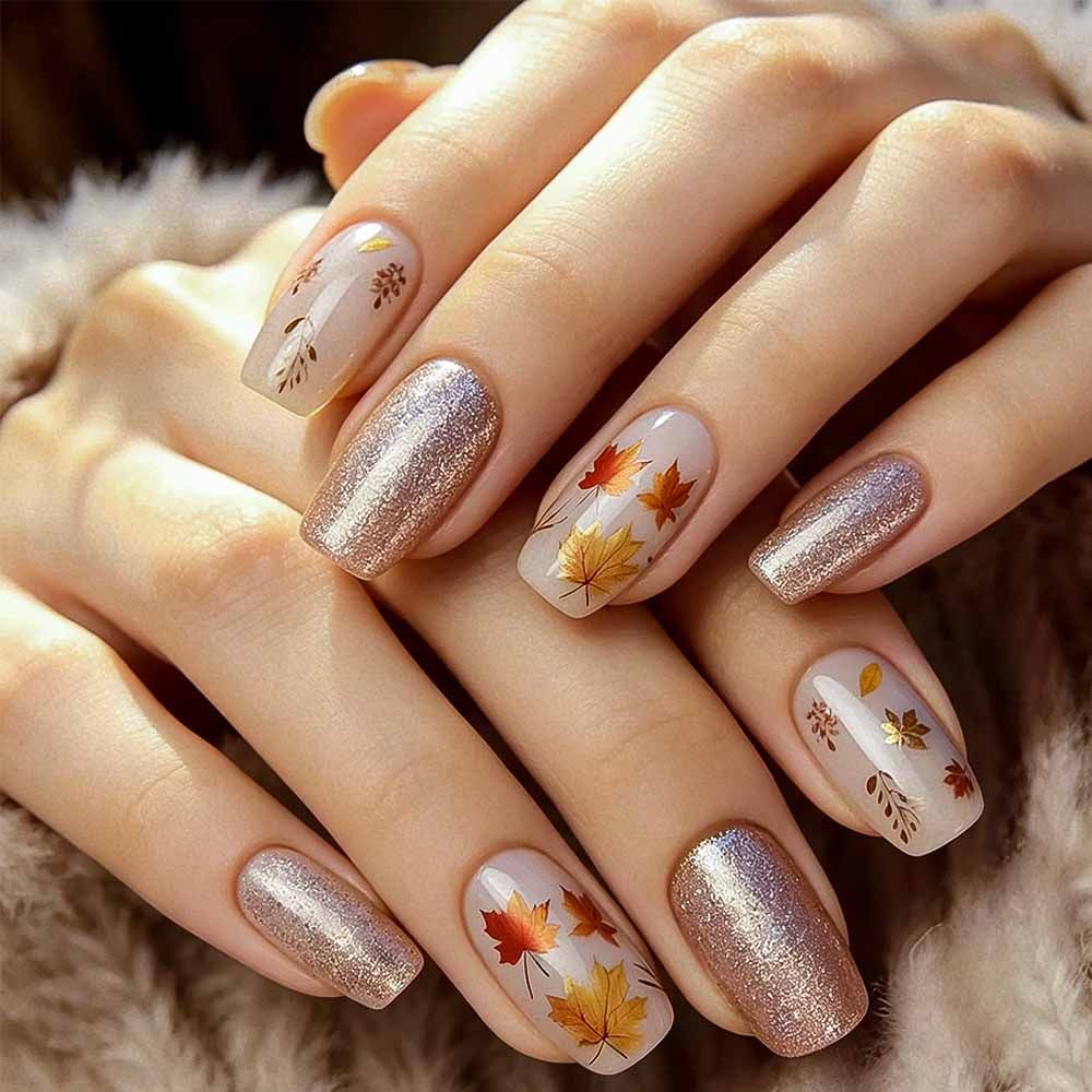 24pcs/Set Glitter Maple Leaves Press-On Nails