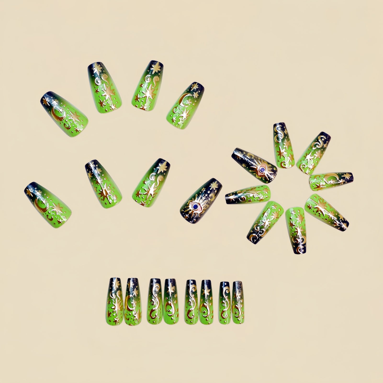 24pcs/Set Green Gradient Stars & Moon Press-On Nails