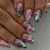 24pcs/Set Blue Cat Eye 3D Gilded Pink Floral Press-On Nails