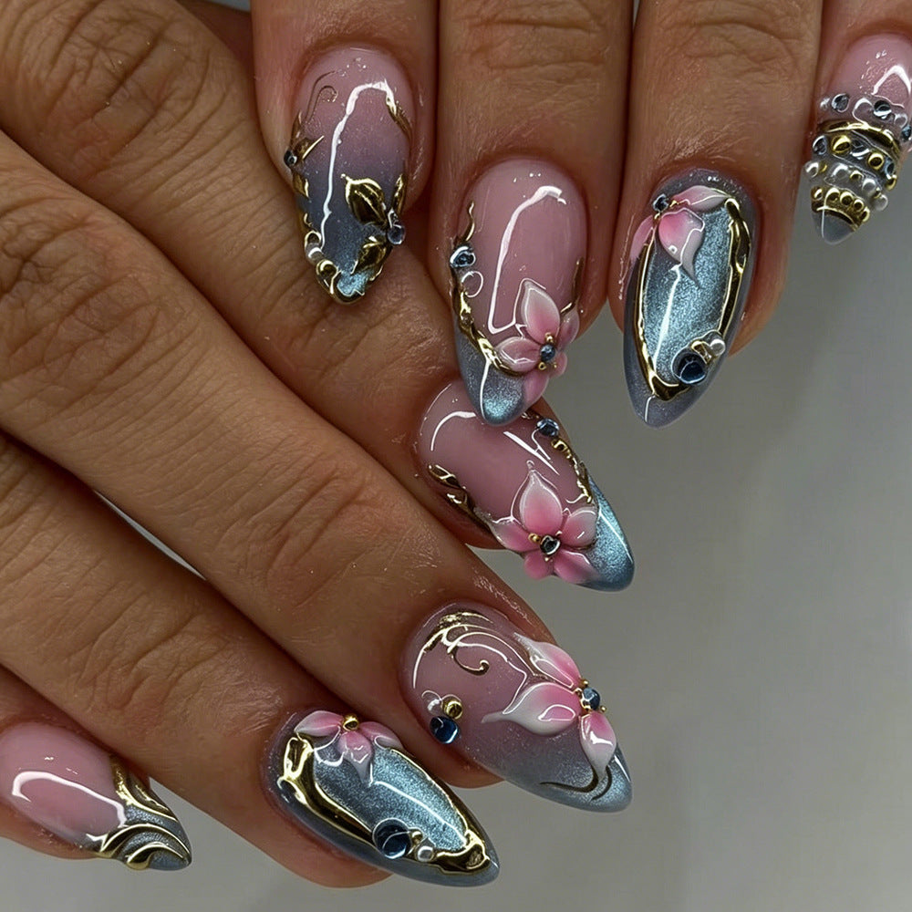 24pcs/Set Blue Cat Eye 3D Gilded Pink Floral Press-On Nails