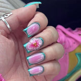 24pcs/Set Pink and Green Color-Block French Tips with 3D Flowers Press-On Nails