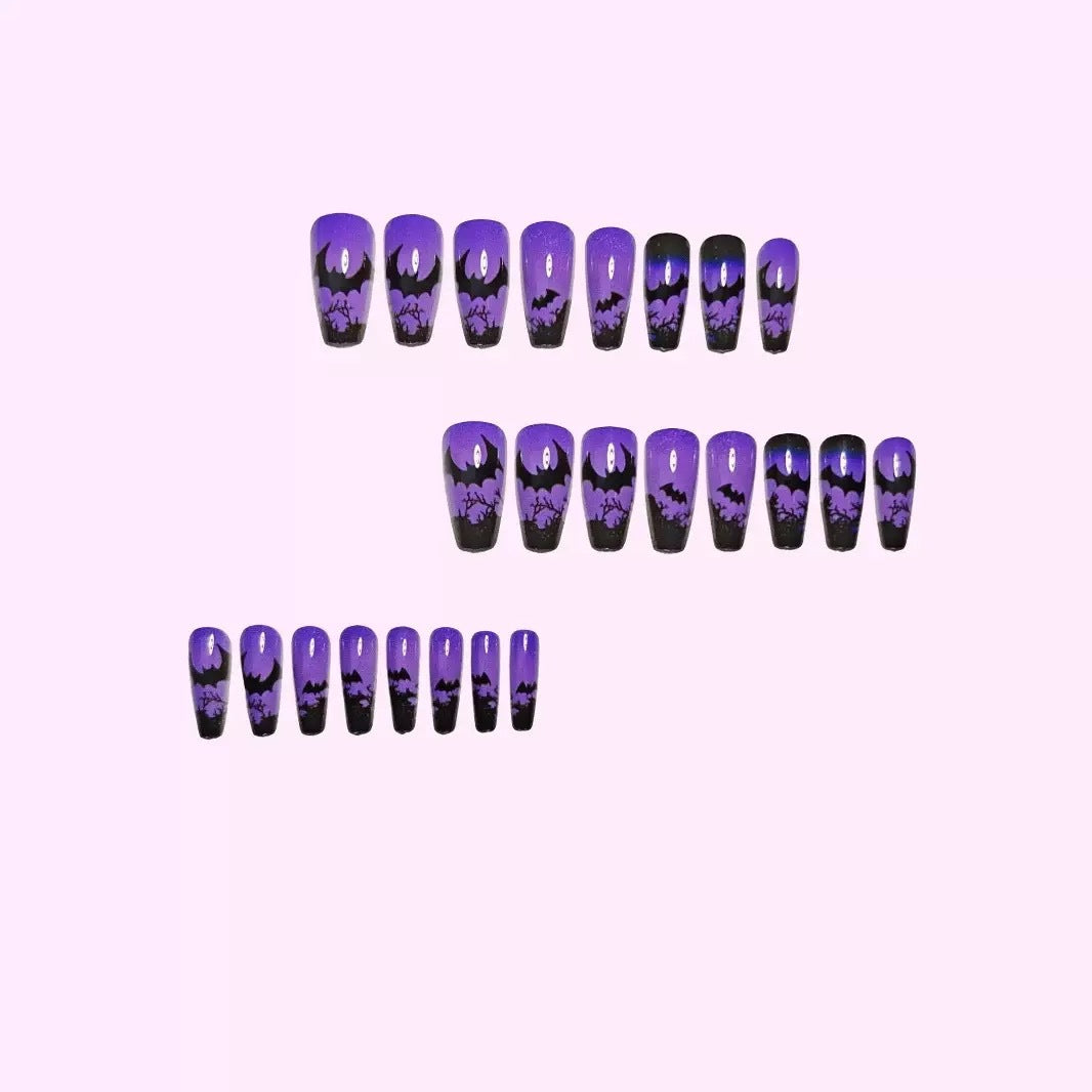 24pcs/Set Purple Bats at Midnight Press-On Nails