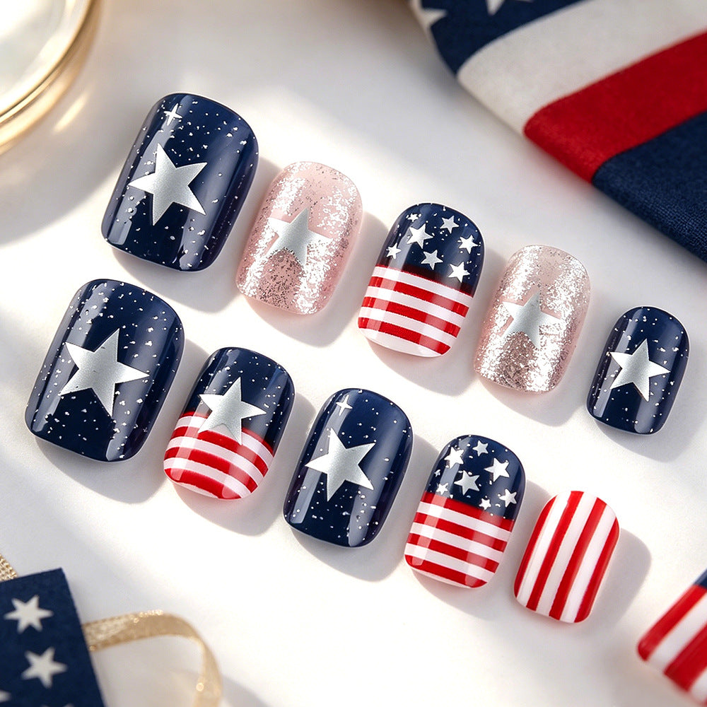 24pcs/Set Blue White Stars and Stripes Glitter Press-On Nails