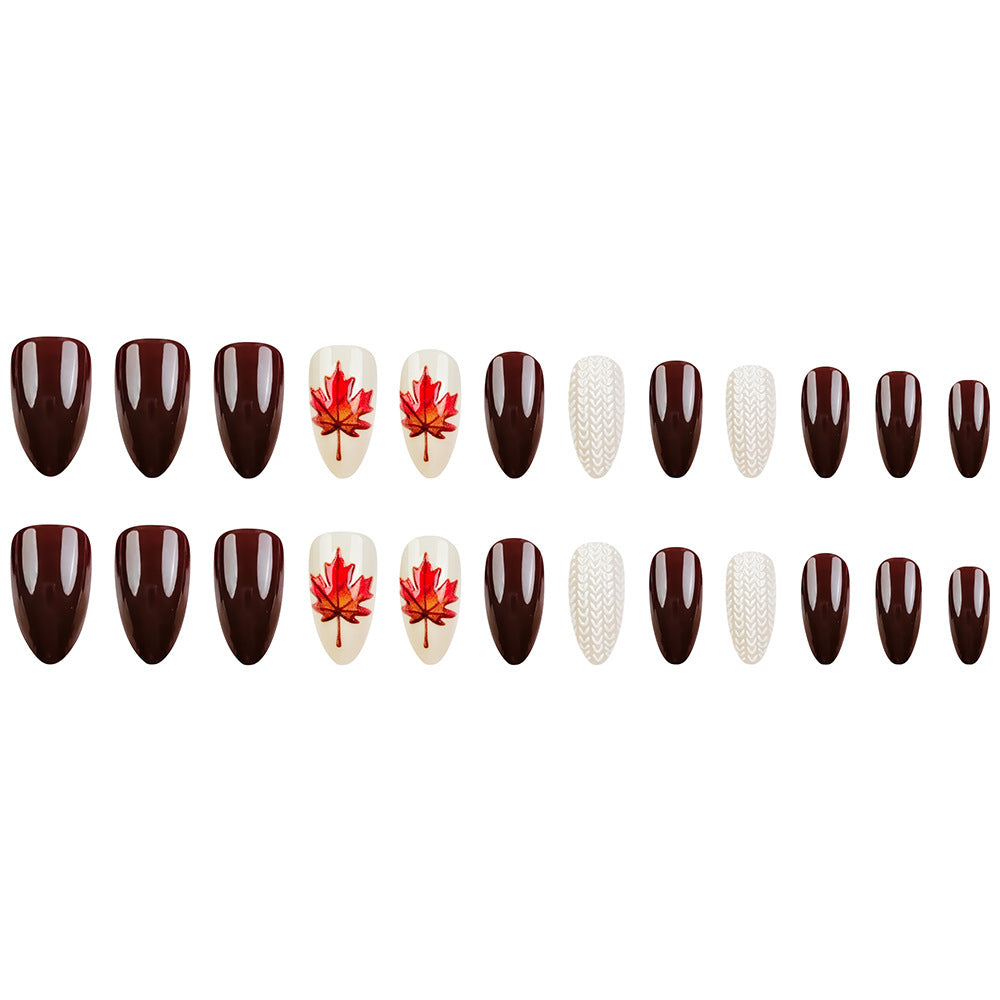 24pcs/Set Dark Brown Maple Leaves & Knit Press-On Nails