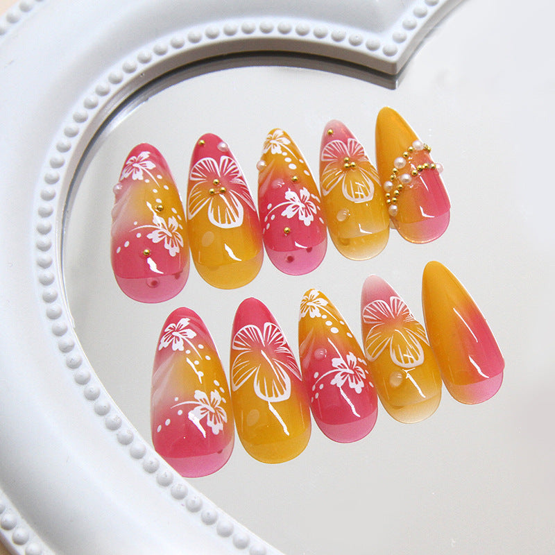 24pcs/Set Pink & Orange Ombre 3D Flower Press-On Nails