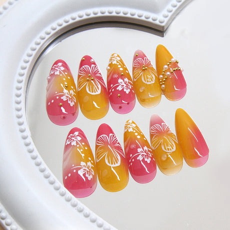 24pcs/Set Pink & Orange Ombre 3D Flower Press-On Nails