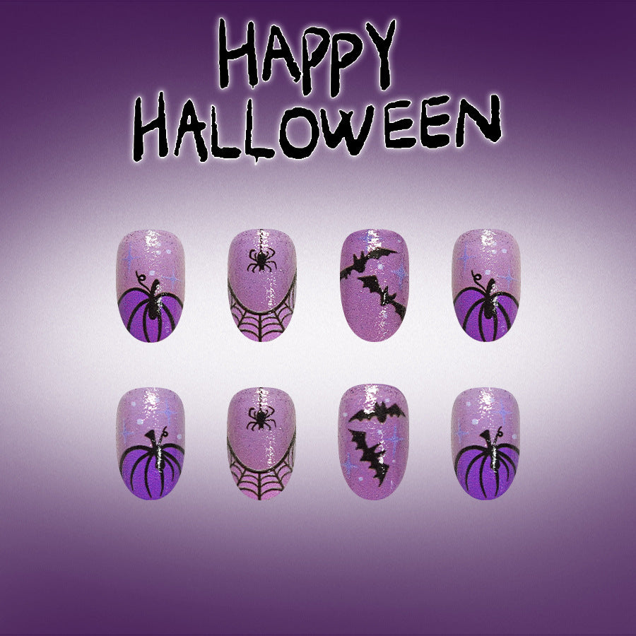 24pcs/Set Purple Pumpkin & Spiderweb French Tips Press-On Nails