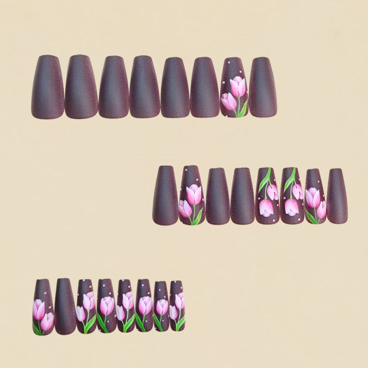 24pcs/Set Matte Brown & Pink Tulips Press On Nails
