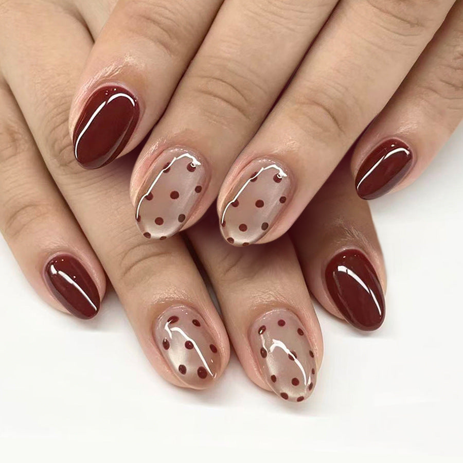 24pcs/Set Burgundy Cat Eye with Polka Dots Press On Nails