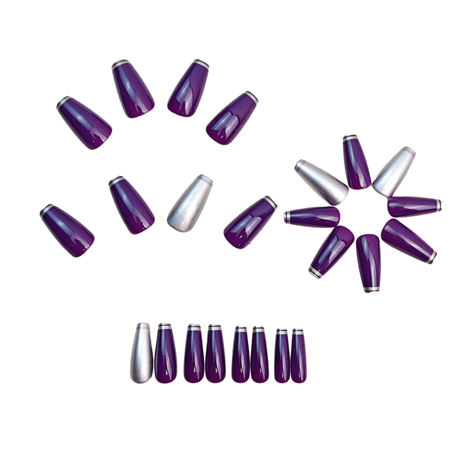 24pcs/Set Purple & Silver Striped French Press-On Nails