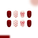 24pcs/Set Burgundy Polka Dot Bow Press-On Nails