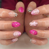 24pcs/Set Hot Pink French Tip Floral Star Press-On Nails