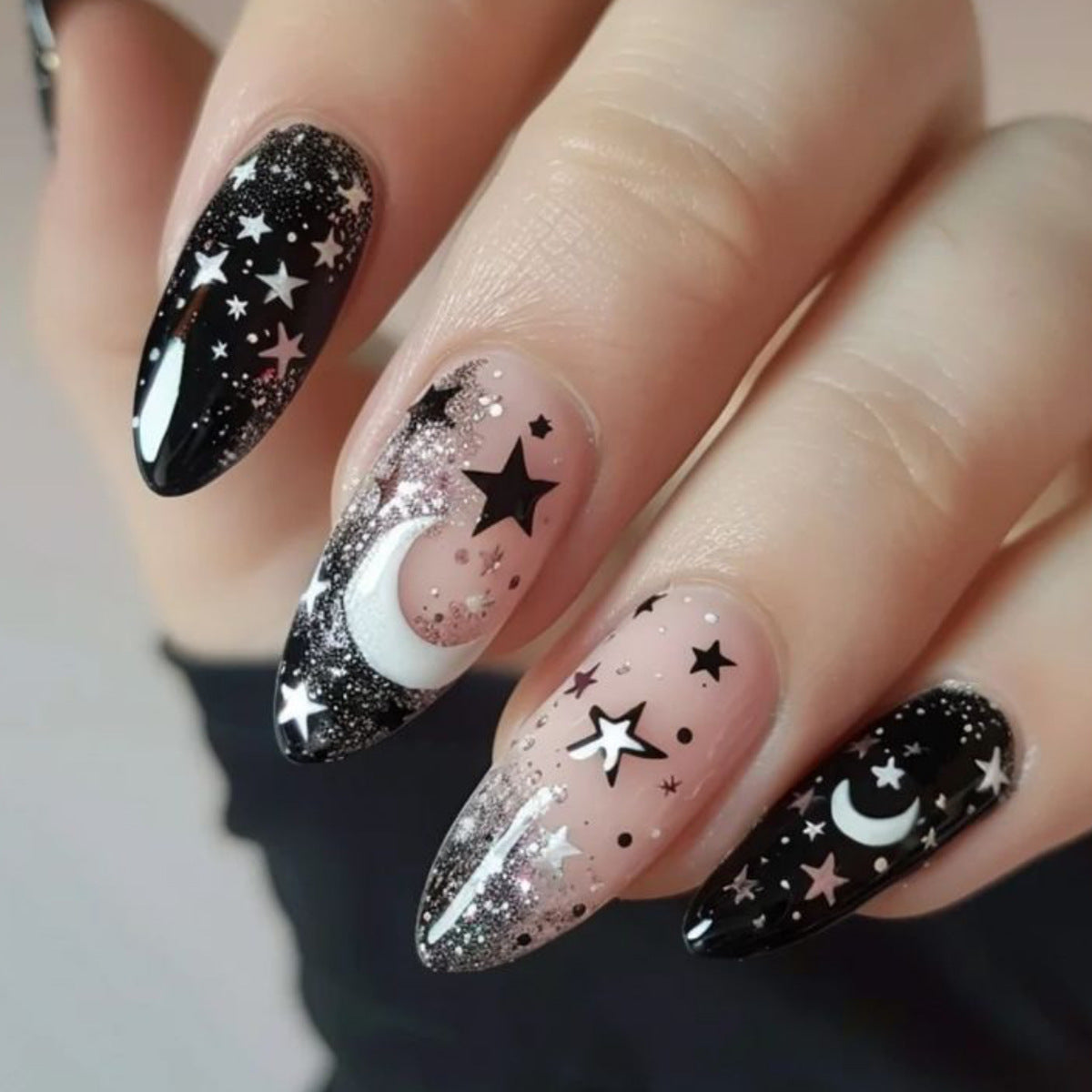 24pcs/Set Black Shooting Star Glitter Press On Nails