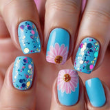 24pcs/Set Blue Floral Press On Nails