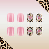 24pcs/Set Leopard Print Hearts with Rhinestones Press-On Nails