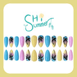 24pcs/Set Pink & Blue Palm Tree Press On Nails