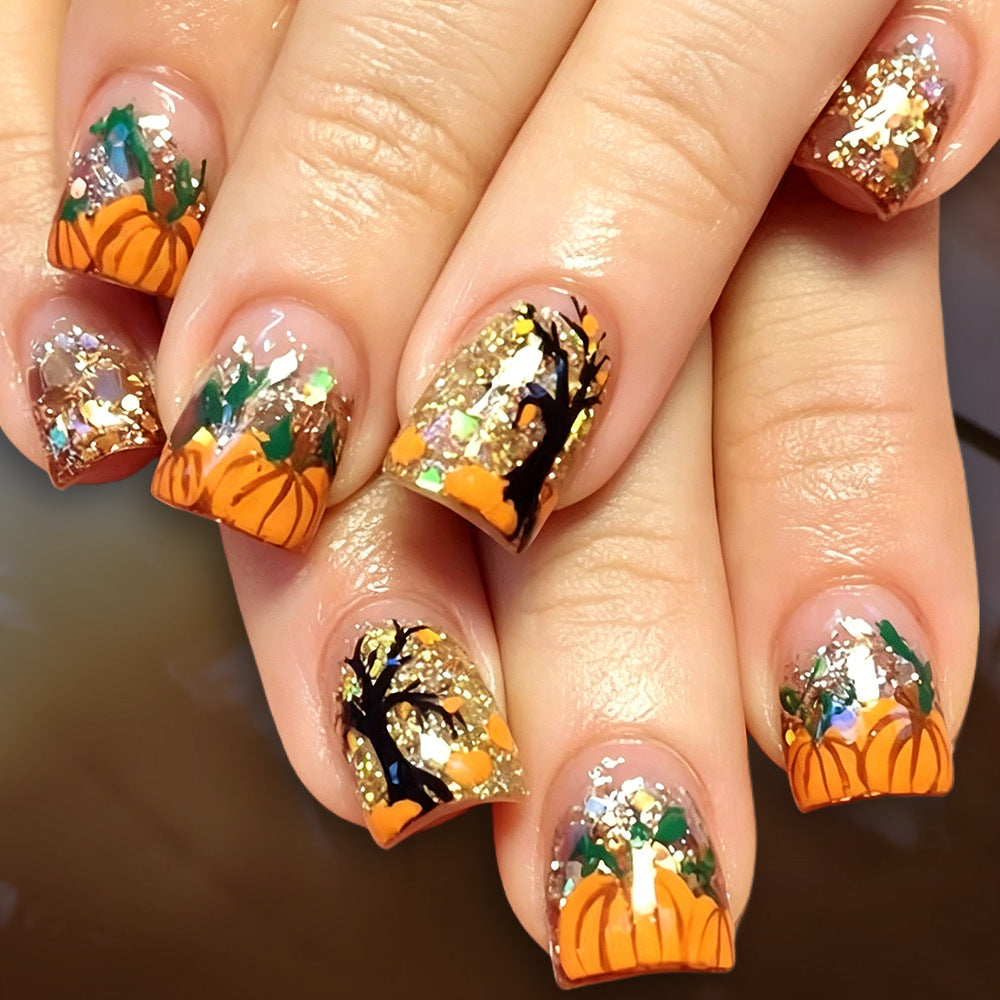 24pcs/Set Autumn Pumpkin & Leaves Press On Nails