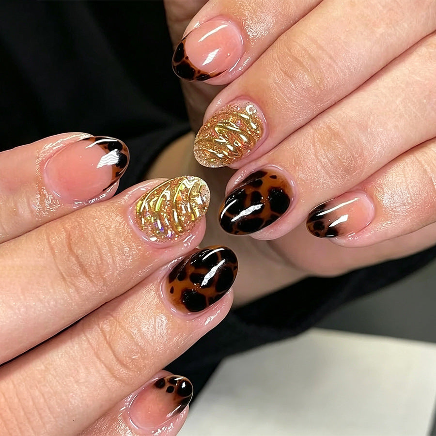 24pcs/Set Brown French Tip Leopard Press On Nails