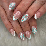 24pcs/Set Blue & White French Tip with Floral Rings Press On Nails
