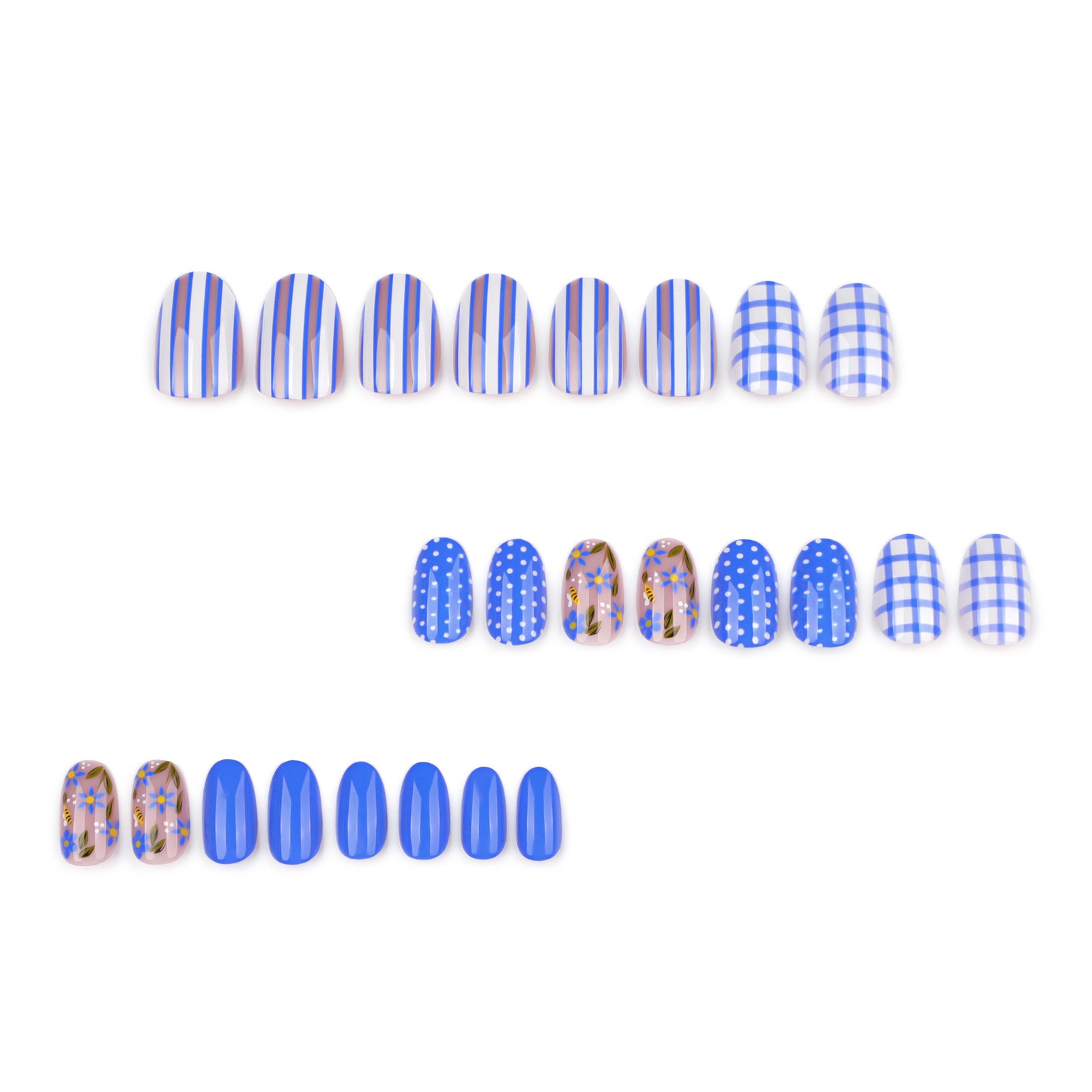 24pcs/Set Blue & White Plaid Floral Press On Nails