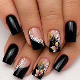 24pcs/Set Black French Floral Press-On Nails