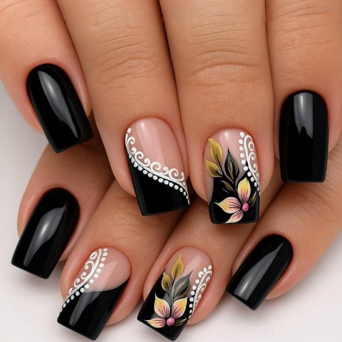 24pcs/Set Black French Floral Press-On Nails
