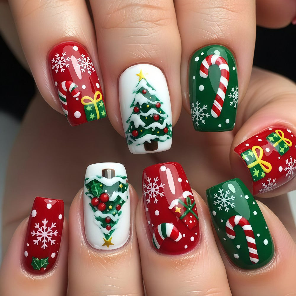 24pcs/Set Snowflake Christmas Tree Press On Nails