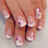 24pcs/Set Color-Block French Tips with Pink Flowers Press-On Nails
