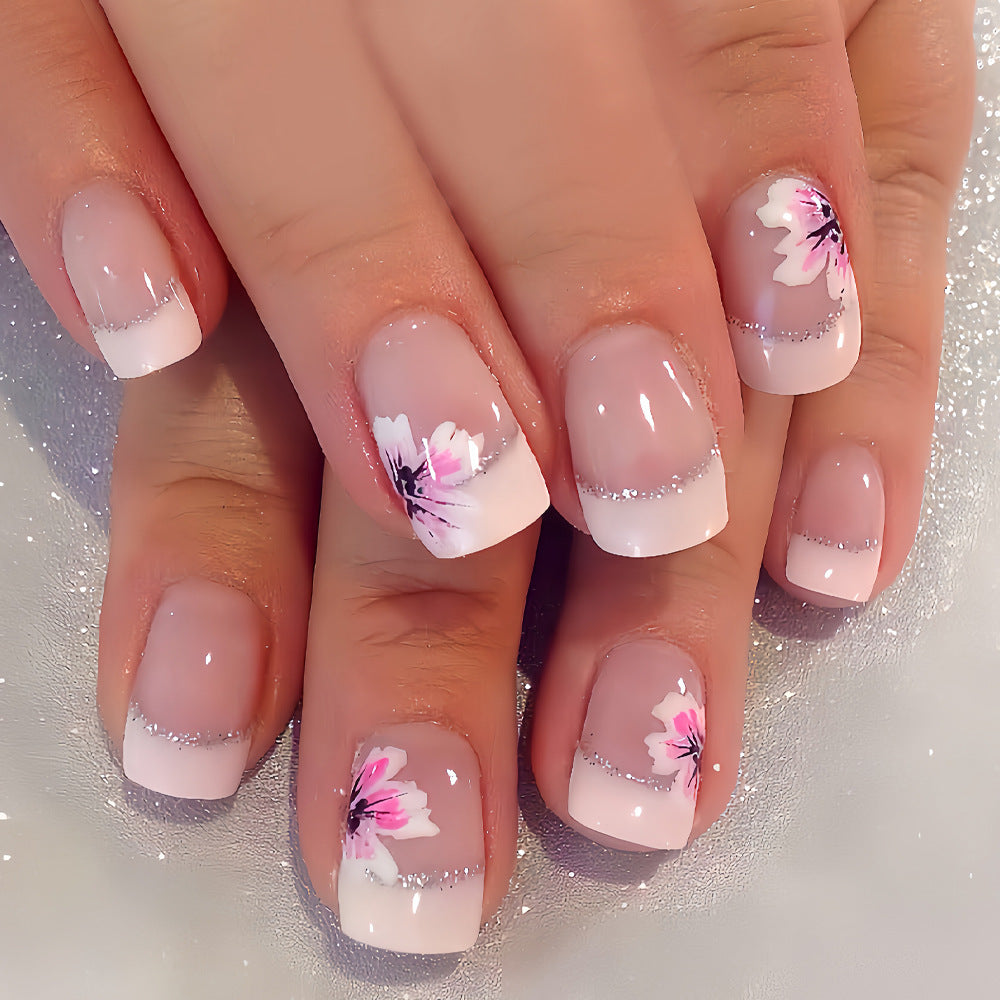 24pcs/Set Color-Block French Tips with Pink Flowers Press-On Nails