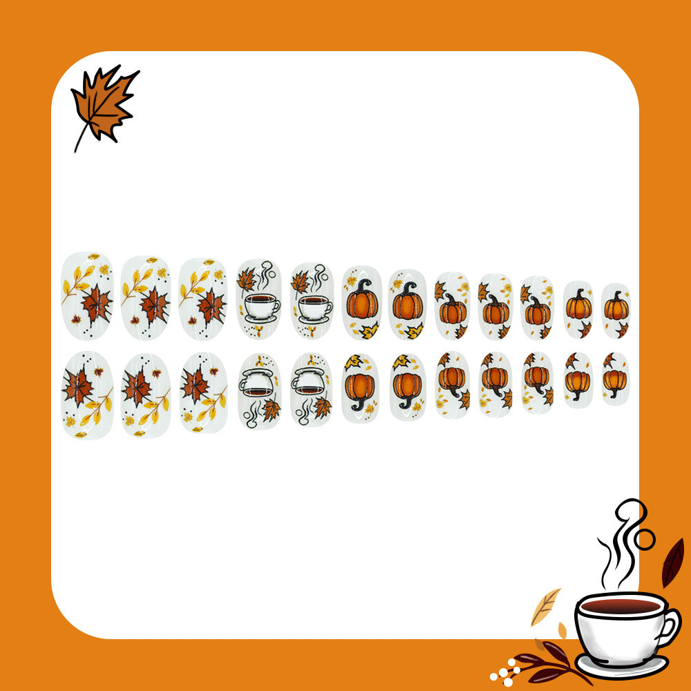 24pcs/Set Maple Leaf Pumpkin Coffee Brown Press On Nails