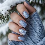 24pcs/Set Dusty Blue Snowflakes Press On Nails