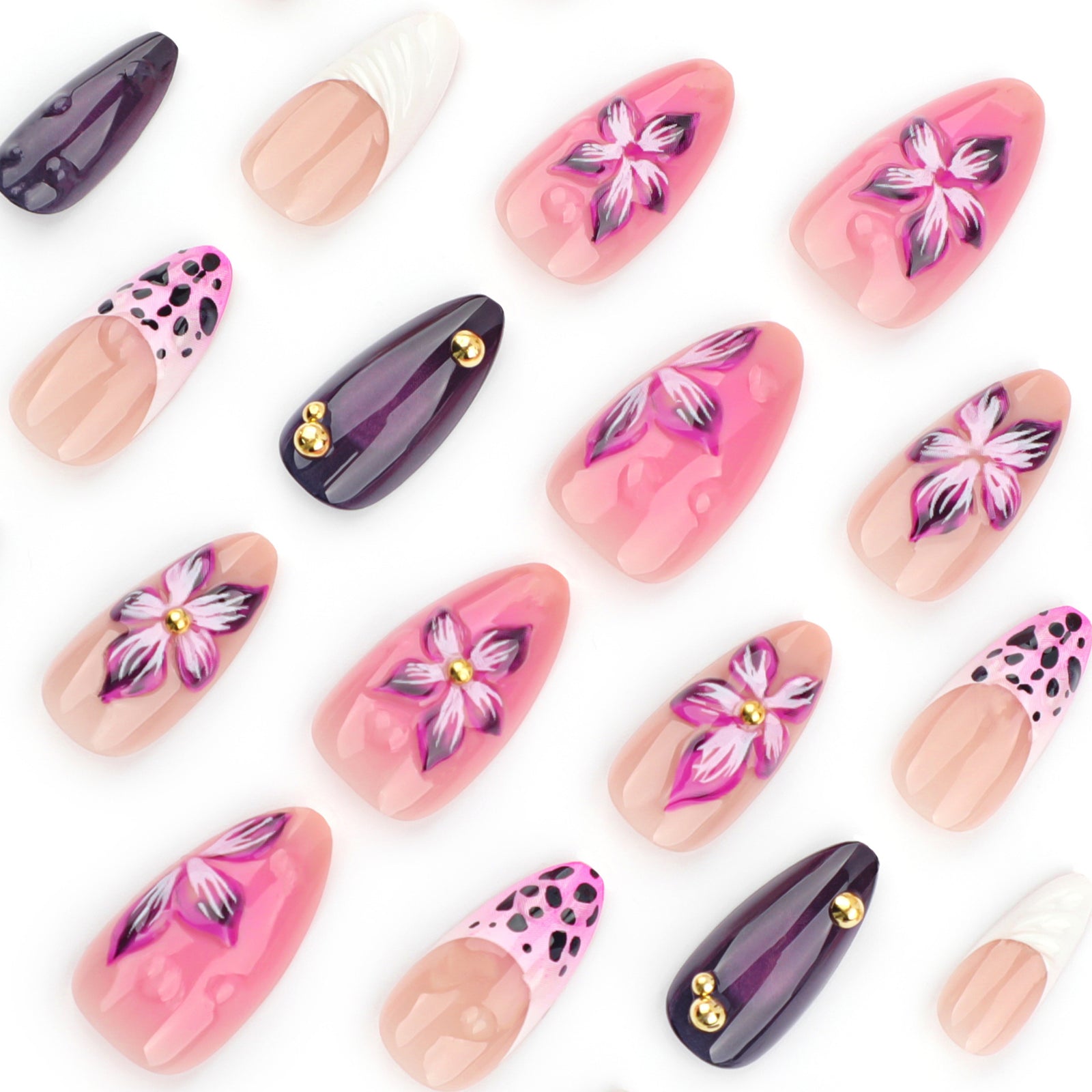 24pcs/Set 3D Embossed Floral French Press-On Nails