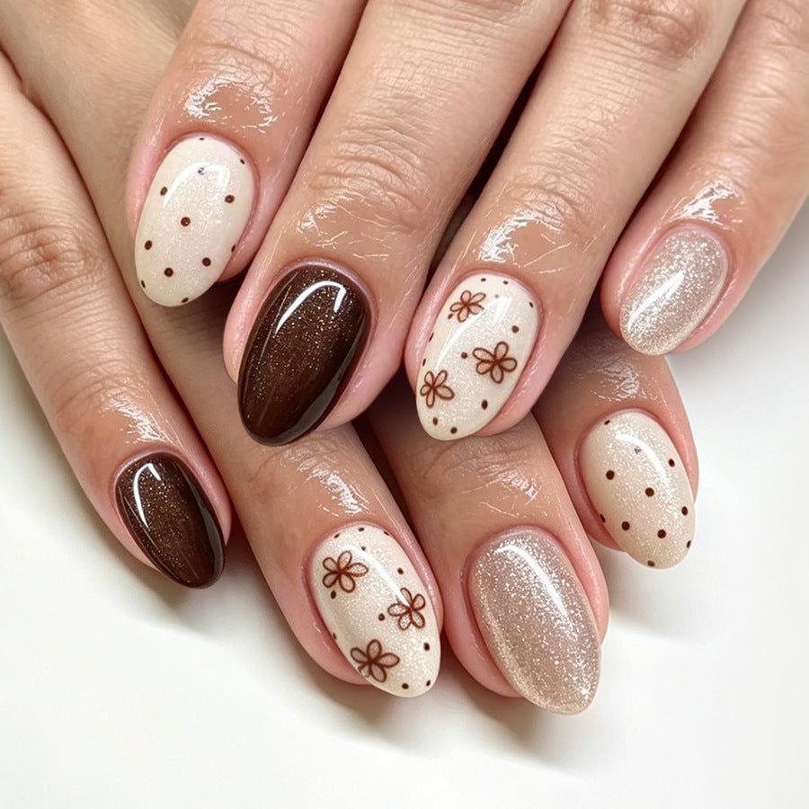 24pcs/Set Dark Brown Polka Dot Flowers Press On Nails