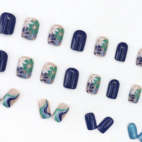 24pcs/Set Blue Floral Wave Press On Nails
