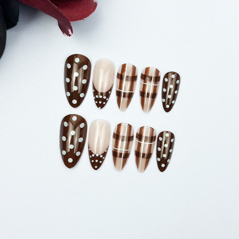 24pcs/Set Brown French Polka Dot Plaid Press-On Nails