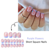 24pcs/Set Blue Floral French Tip Press On Nails