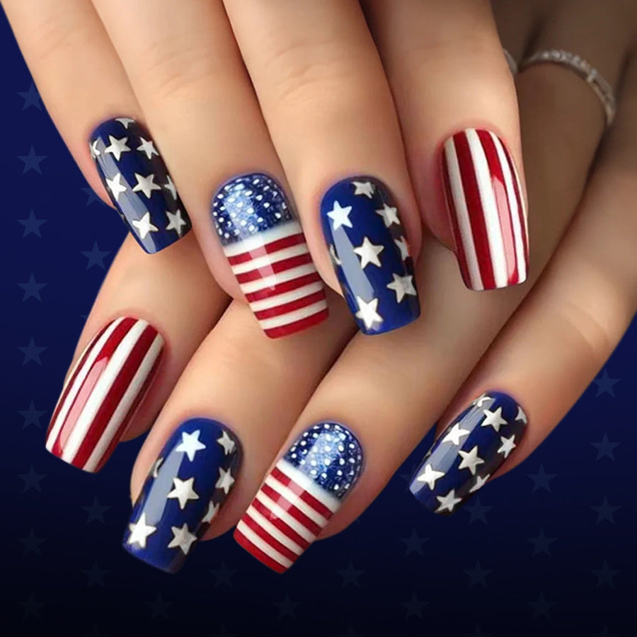 24pcs/Set American Flag Glitter Stripes & Stars Press-On Nails