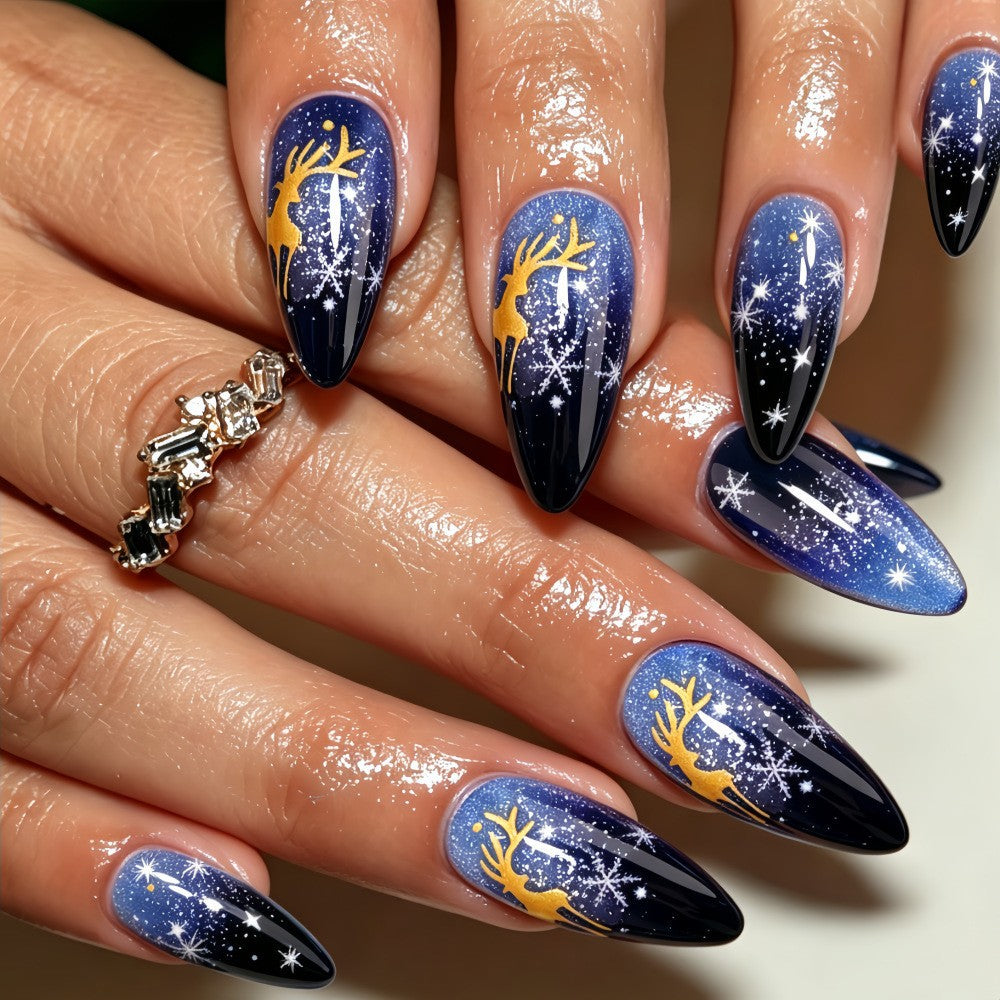 24pcs/Set Blue & Black Ombre Reindeer Press On Nails