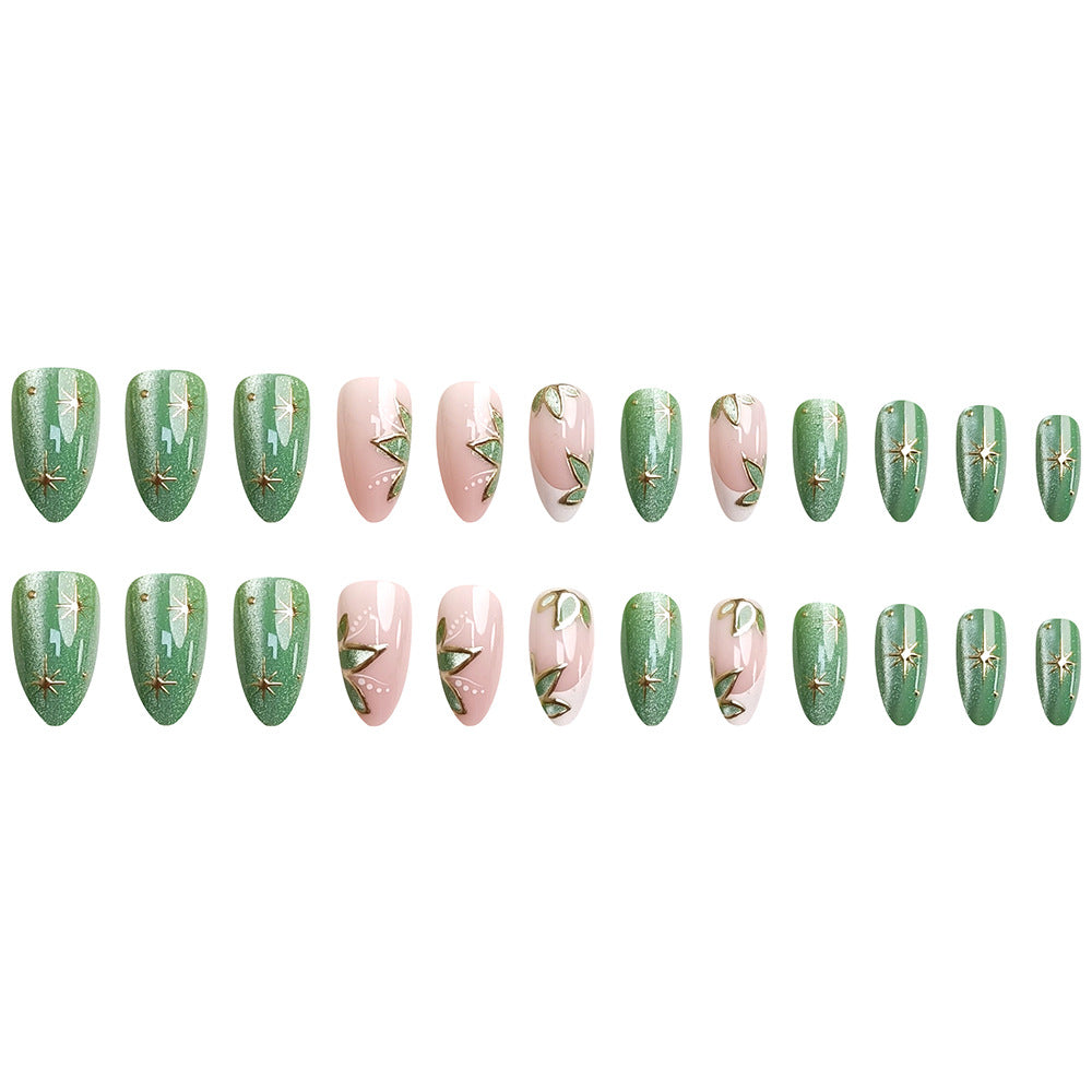 24pcs/Set Gold Foil Floral Leaf Cat Eye French Press-On Nails