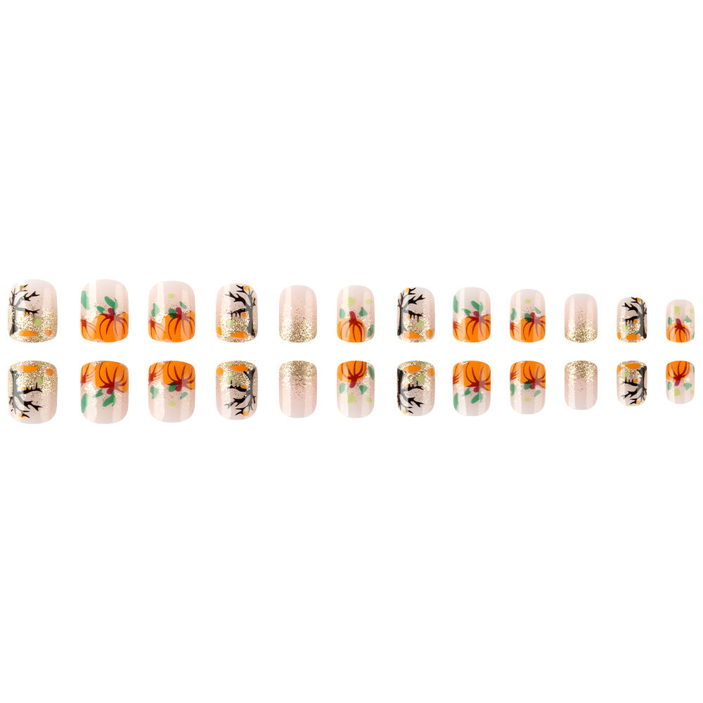 24pcs/Set Autumn Pumpkin & Leaves Press On Nails