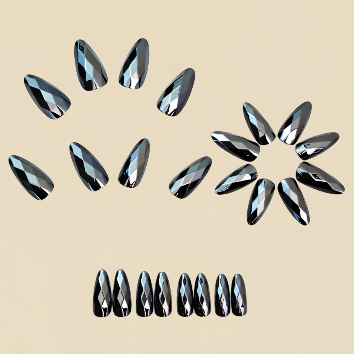 24pcs/Set Black Diamond-Shaped Chrome Press-On Nails
