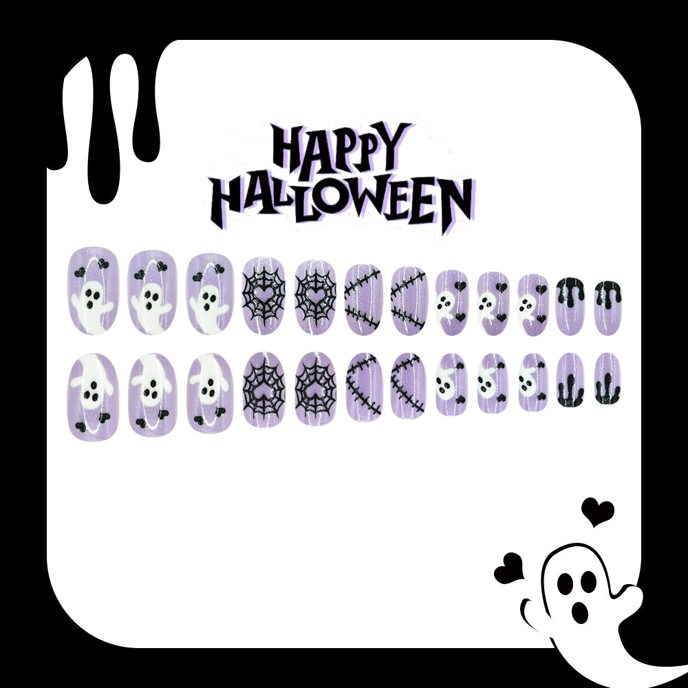 24pcs/Set Purple Heart Spiderweb Cute Ghosts Press On Nails