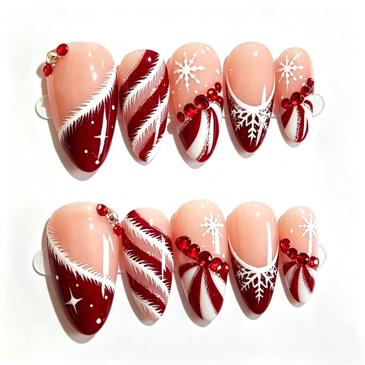 30pcs/Set Red French Tips with Snowflakes Press On Nails