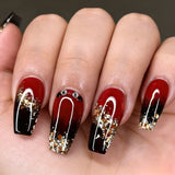 24pcs/Set Black to Red Ombre with Gold Glitter Press-On Nails