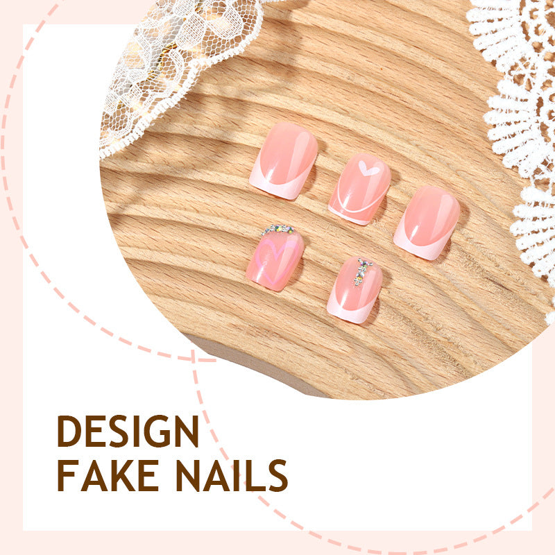 24pcs/Set Pink Line Heart Short Press On Nails