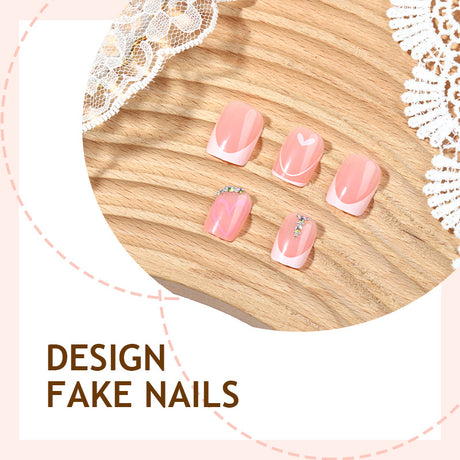 24pcs/Set Pink Line Heart Short Press On Nails