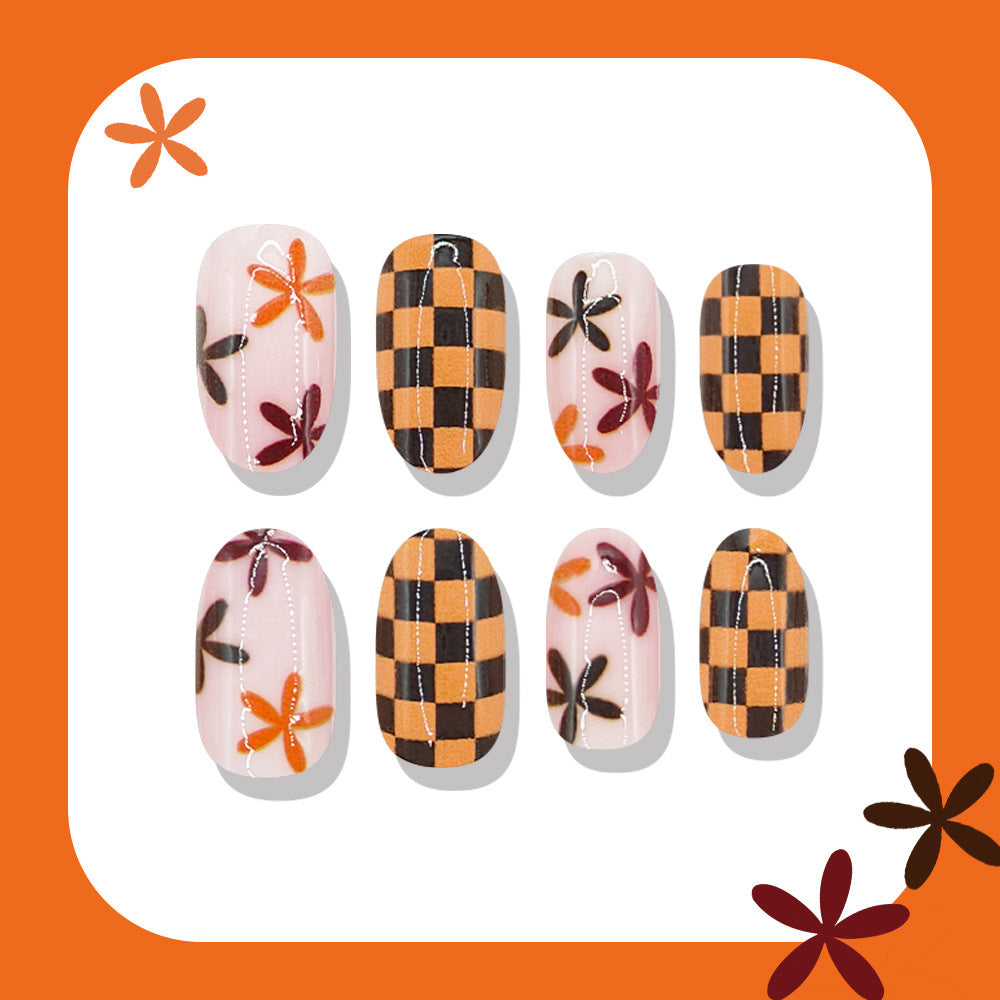 24pcs/Set Checkerboard Floral Press On Nails