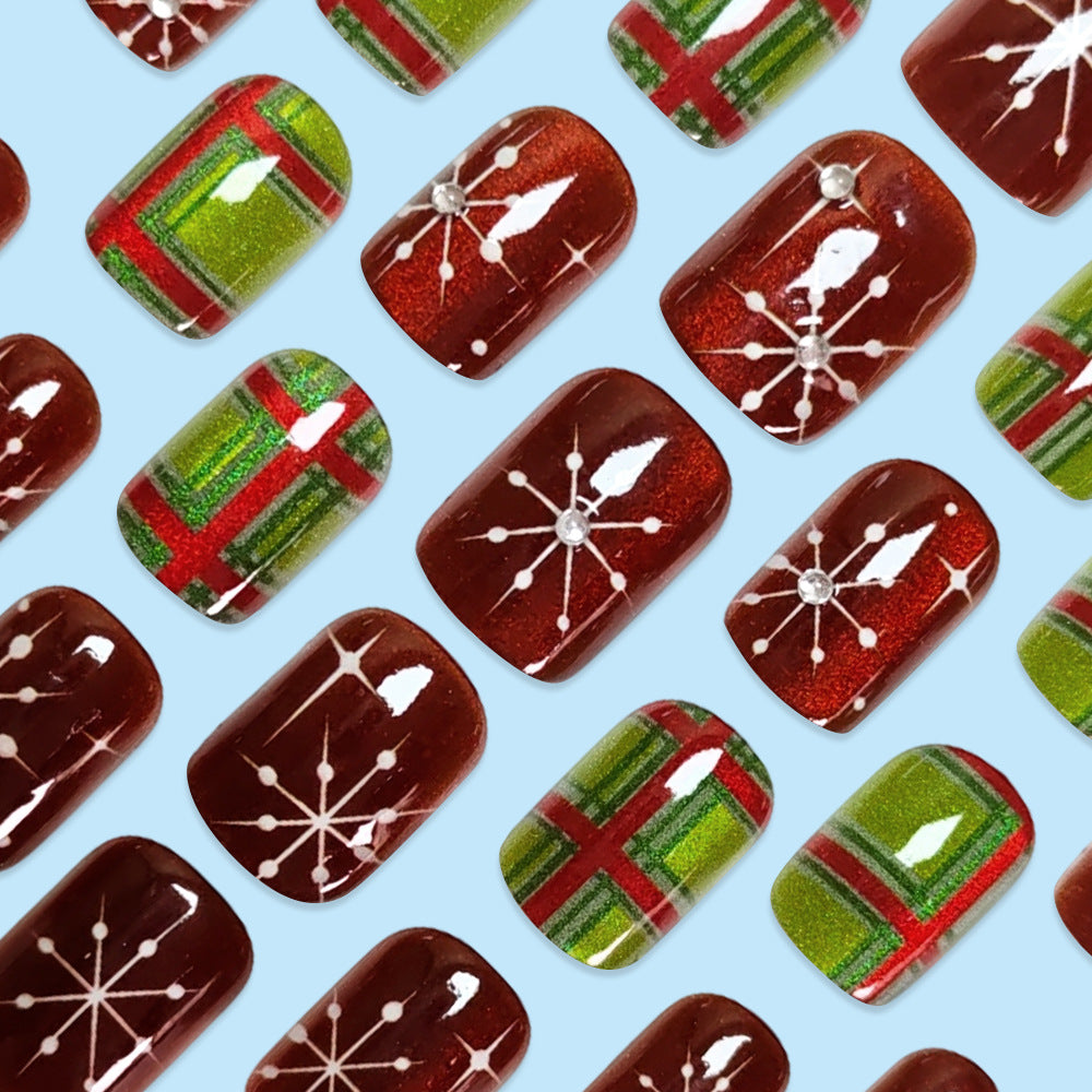 24pcs/Set Vintage Christmas Red & Green Plaid Press On Nails